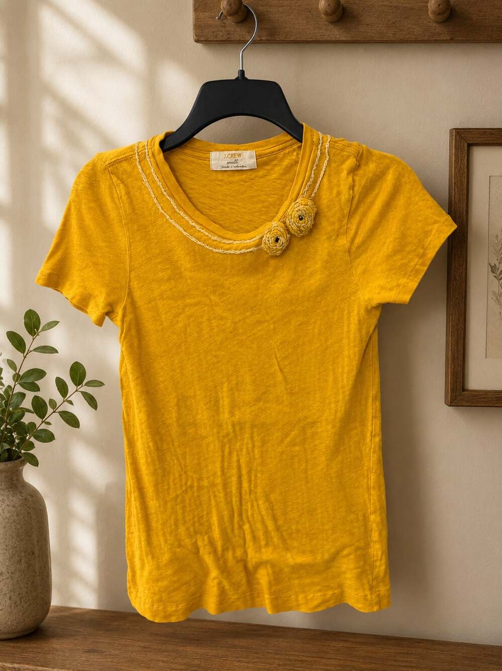 J.Crew Yellow Floral Embroidered Scoop Neck Tee, Size Small